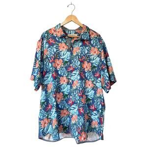 Tommy Bahama Blue Green Hawaiian Tropical Silk Rayon SS Button Up Shirt XL